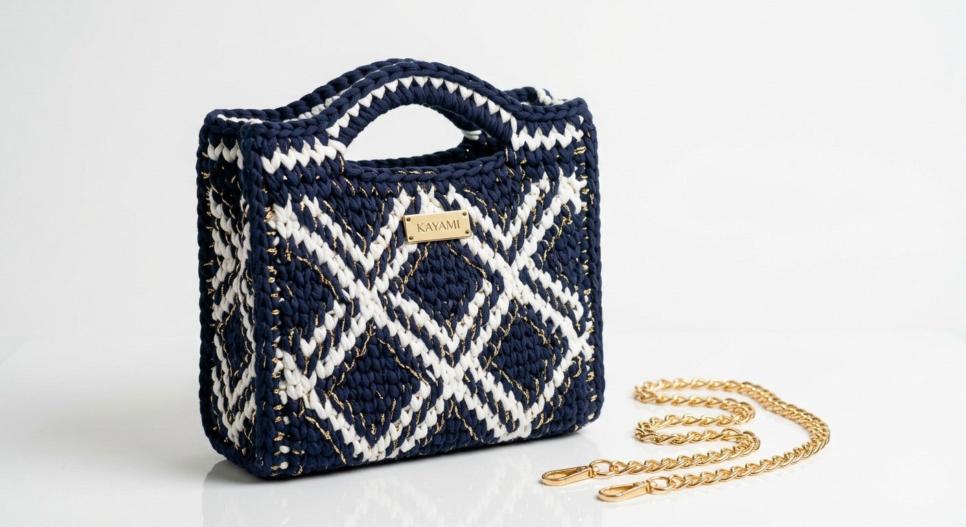 Méditerranée — sac crocheté main, marine + blanc